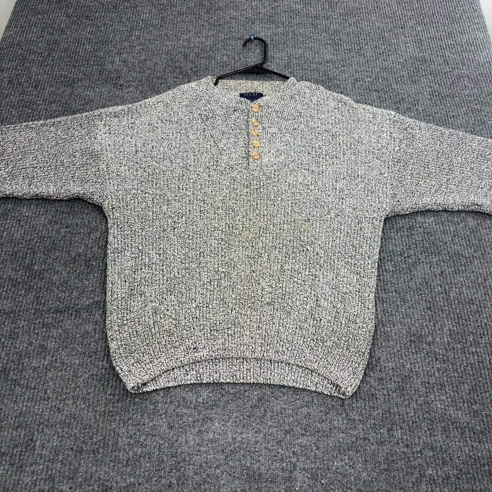 Old Glory Sweater Mens L White Black 100% Cotton Henley Knit Pullover‎ Casual